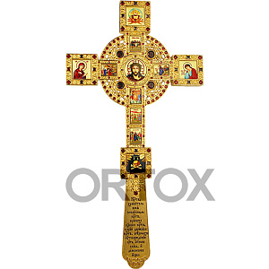Крест напрестольный латунный в позолоте с красными фианитами, 17,5х33,5 см (вес 535 г)