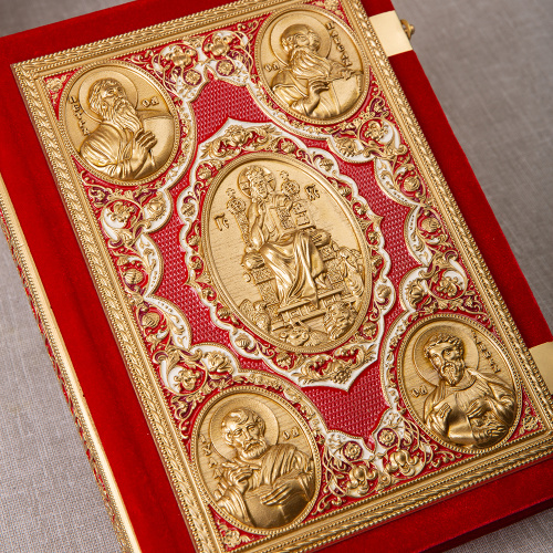 Апостол красный, оклад "под золото", бархат, эмаль, 23х30 см фото 3