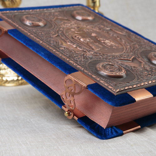 Евангелие напрестольное синее, оклад "под бронзу", бархат, 24х31 см фото 5