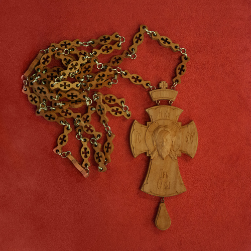 Крест наперсный деревянный светлый, резной, с цепью, 7х14 см фото 7