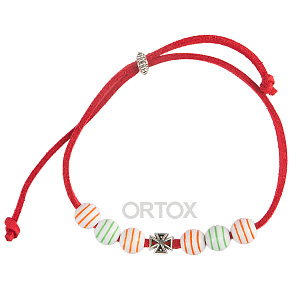 Браслет-шнурок с бусинами и крестиком, красный (регулируемый размер)