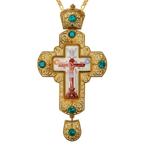 Крест наперсный латунный в позолоте с цепью, голубые фианиты
