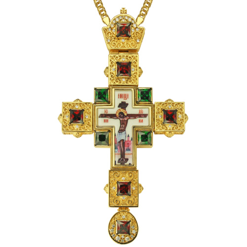 Крест наперсный из ювелирного сплава в позолоте с цепью, фиолетовые фианиты, 9х16,5 см фото 2