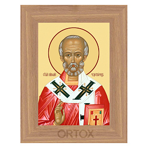 Икона святителя Николая Чудотворца в рамке, цвет "дуб честерфильд" (7,4х10,5 см (А7))
