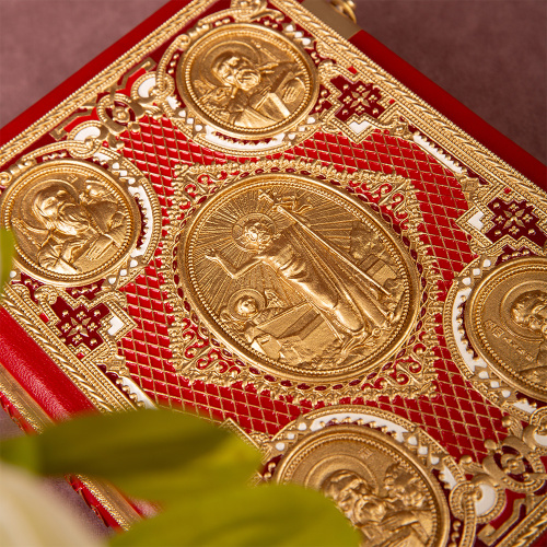 Евангелие требное среднее красное, оклад "под золото", кожа, эмаль, 17х22 см фото 6