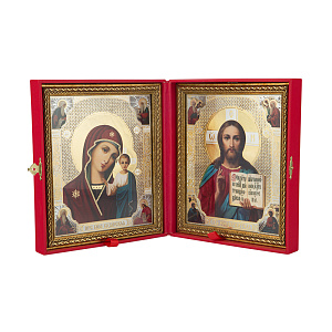Складень с ликами Спасителя и Божией Матери "Казанская", 21х24 см, экокожа, вышивка (красный)