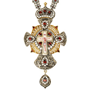Крест наперсный серебряный, с цепью, позолота, красные и белые фианиты, высота 18 см (чернение)