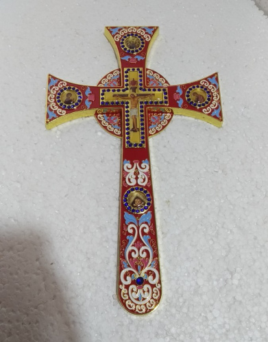 Крест требный четырехконечный, красная эмаль, камни, 17х29 см, У-0925 фото 2