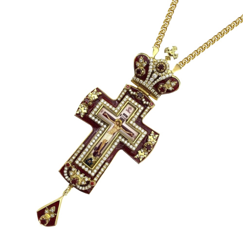 Крест наперсный латунный в позолоте с цепью, с эмалью и фианитами, 6х15 см фото 2