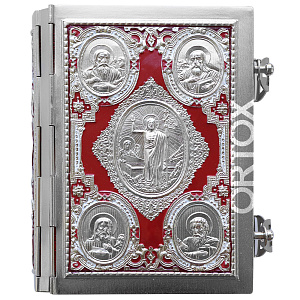 Евангелие требное малое красное, полный оклад "под серебро", эмаль, 12х16 см (никелирование				)