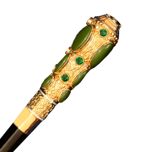 Посох из ювелирного сплава в позолоте, зеленые фианиты и жадеиты фото 2