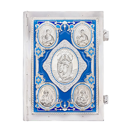 Евангелие требное малое голубое, латунный оклад, серебрение, эмаль, 16,5х21,5 см