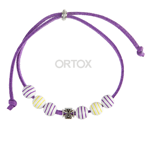 Браслет-шнурок с бусинами и крестиком, фиолетовый фото 3