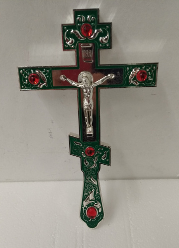 Крест напрестольный латунный, 14х26 см, зеленая эмаль, красные камни, У-0406 фото 2