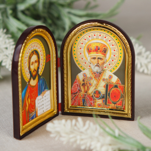 Складень с ликами Спасителя и святителя Николая Чудотворца, арочной формы, 6,4х8,4 см фото 4