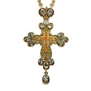 Крест наперсный серебряный, с цепью, позолота, белые фианиты, высота 18 см (вес 287,36 г)