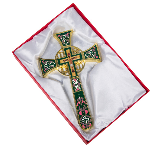 Крест требный четырехконечный, цинковый сплав, зеленая эмаль, камни, 17х29 см фото 13