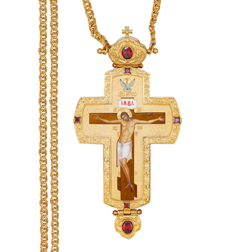 Крест наперсный латунный с цепью в позолоте, деколь, фианиты, 8х15,5 см