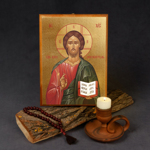 Икона Спасителя Господь Вседержитель на деревянной основе, цвет "кипарис", на холсте с золочением фото 3