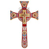 Крест требный латунный четырехконечный, красная эмаль, камни, 17х29 см