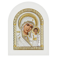 Икона греческая Божией Матери "Казанская", арочной формы на белой деревянной основе, металлический о