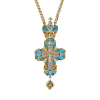 Крест наперсный серебряный, с позолотой, голубые фианиты, эмалью, высота 13 см
