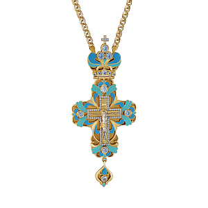 Крест наперсный серебряный, с позолотой, голубые фианиты, эмалью, высота 13 см (вес 169 г)