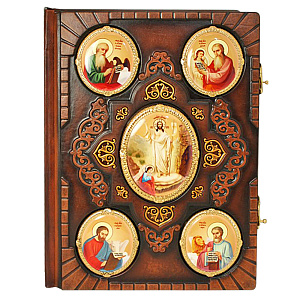 Евангелие напрестольное в кожаном переплете с латунными накладками в позолоте, 33х48 см (ср. вес 10 кг)