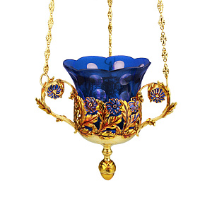 Лампада подвесная из ювелирного сплава в позолоте с эмалью,16х14,5 см (синий стаканчик)