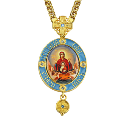 Панагия из ювелирного сплава в позолоте с цепью, сиреневые фианиты и эмаль, 4х9 см фото 2