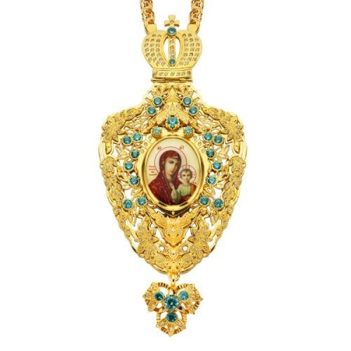 Панагия из ювелирного сплава в позолоте с цепью, белые и голубые фианиты, высота 15 см фото 5