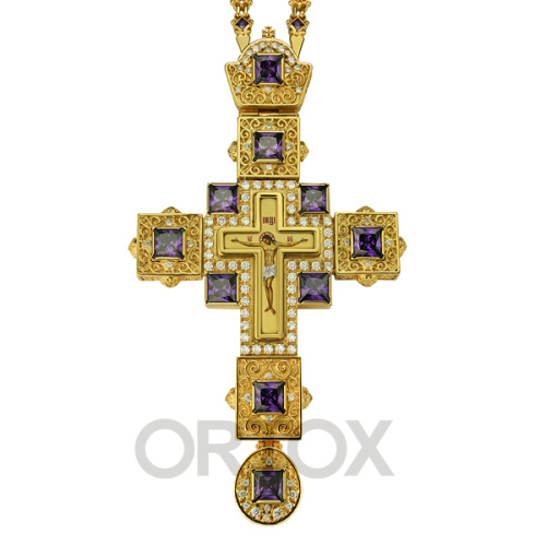 Крест наперсный латунный с цепью, позолота, голубые фианиты, высота 17 см фото 3