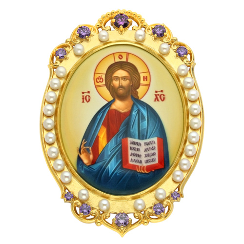 Накладки на митру (комплект из 4 штук) из ювелирного сплава в позолоте, с фианитами и искусственным жемчугом, №30 фото 4