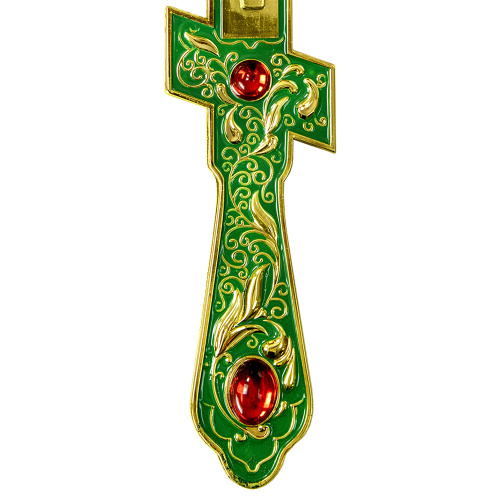 Крест напрестольный, зеленая эмаль, красные камни, 14х26 см фото 9