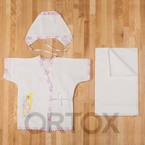 Крестильный набор из трех предметов: пеленка, распашонка, чепчик, размер 56-62 см, вышивка с ангелом фото 9