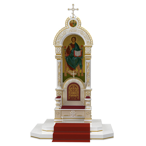 Архиерейский трон с сенью "Романовский" белый с золотом (патина), 113х89х351 см фото 2