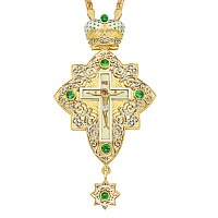 Крест наперсный серебряный, в позолоте, с цепью, зеленые фианиты, высота 12 см