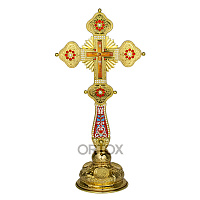 Крест напрестольный / требный латунный с подставкой, фианиты, эмаль, У-0662