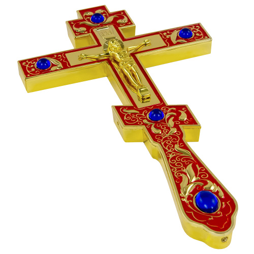 Крест напрестольный / требный латунный красный, 14х26 см, синие камни фото 2