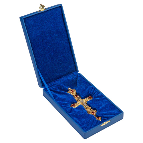 Крест наперсный латунный прорезной литой с позолотой, фианиты, 7х15,5 см фото 5