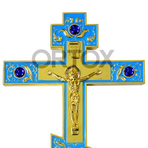 Крест напрестольный латунный голубой, 14х26 см, синие камни фото 3