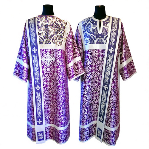 Облачение диаконское фиолетовое с вышивкой, шелк, отделка галун в цвет облачения с рисунком крест