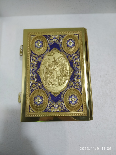 Евангелие напрестольное синее, полный оклад "под золото", 24х31 см, У-0909 фото 3