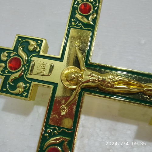 Крест напрестольный / требный, зеленая эмаль, красные камни, 14х26 см, №2, У 55-0021 фото 4