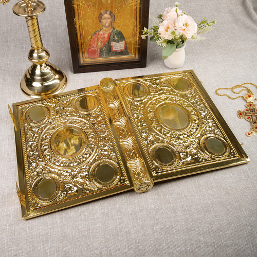 Оклад для Евангелия напрестольного, цинковый сплав, цвет "под золото", камни, 25х5х35 см фото 4