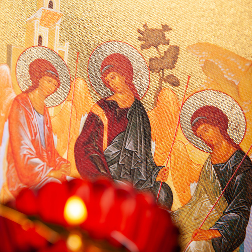 Икона Святой Троицы на деревянной основе, цвет "кипарис", на холсте с золочением фото 3