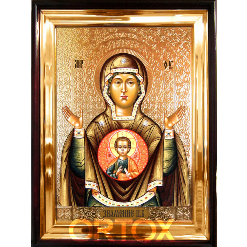 Икона большая храмовая Божией Матери "Знамение", прямая рама, 55х70 см, У-0148