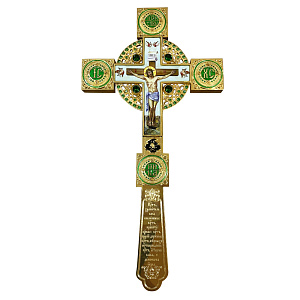 Крест напрестольный деревянный с латунными позолоченными накладками, с эмалью и фианитами, 17,5х43,5 см (зеленые фианиты и эмаль)