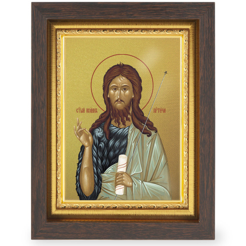 Икона Иоанна Крестителя в узком багете, цвет "темный дуб", на холсте, с золочением фото 2
