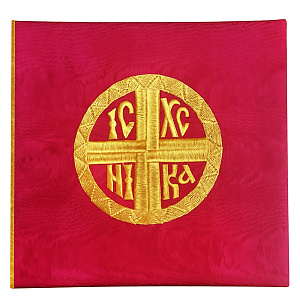 Илитон на престол красный с вышивкой "Ника", муар, 80х70 см (атласный шелк)